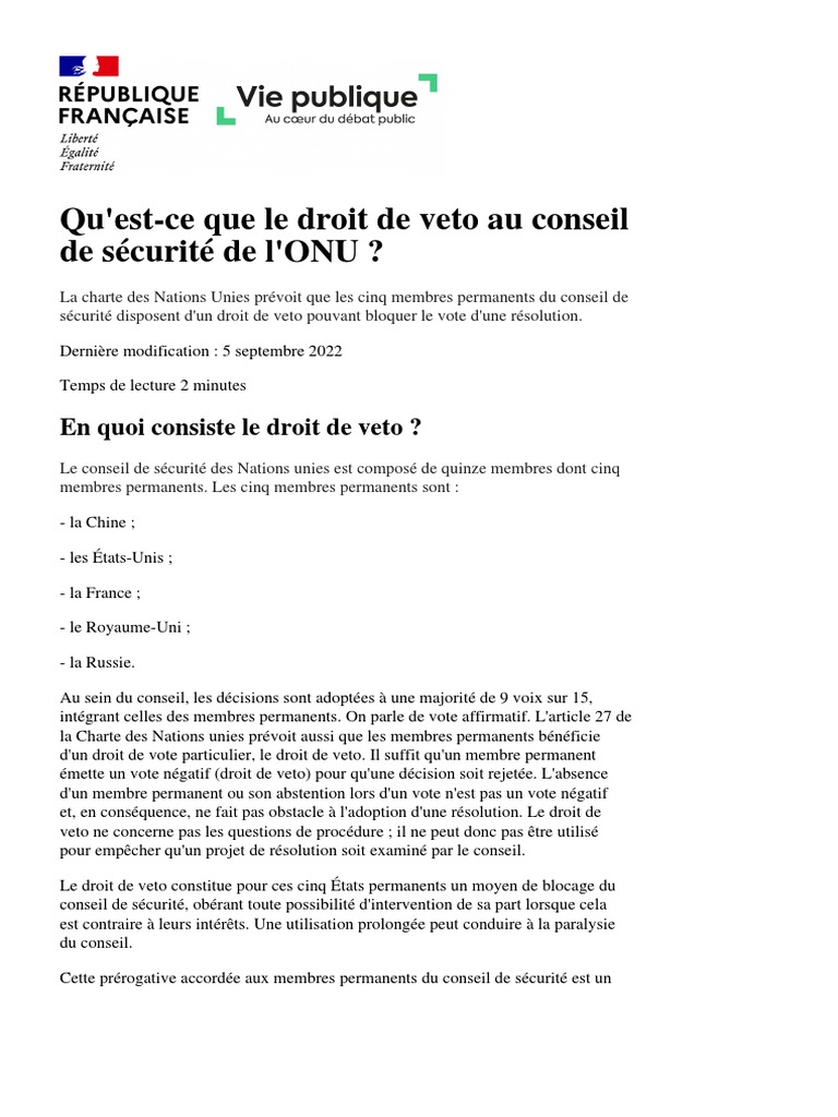 Droit de veto au Conseil de sécurité ONU | PDF | Droit