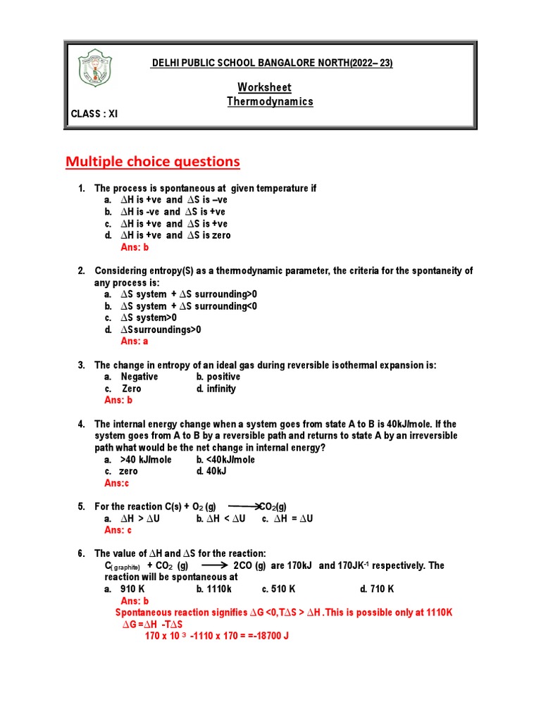 Multiple Choice Questions Worksheet Thermodynamics PDF