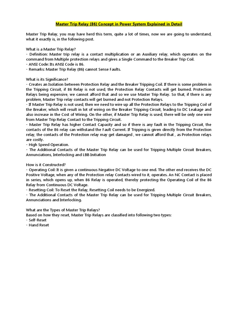 Master Trip Relay (86) Concept in Power System Explained in Detail