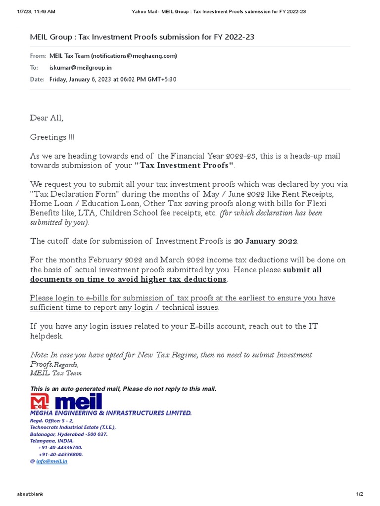 Yahoo Mail MEIL Group Tax Investment Proofs Submission For FY 2022