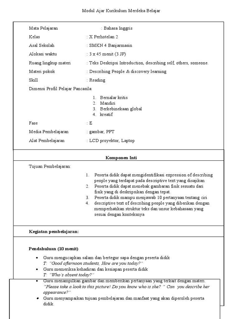 Modul Ajar Descriptive Text Kelas 11 | PDF | Karier & Perkembangan