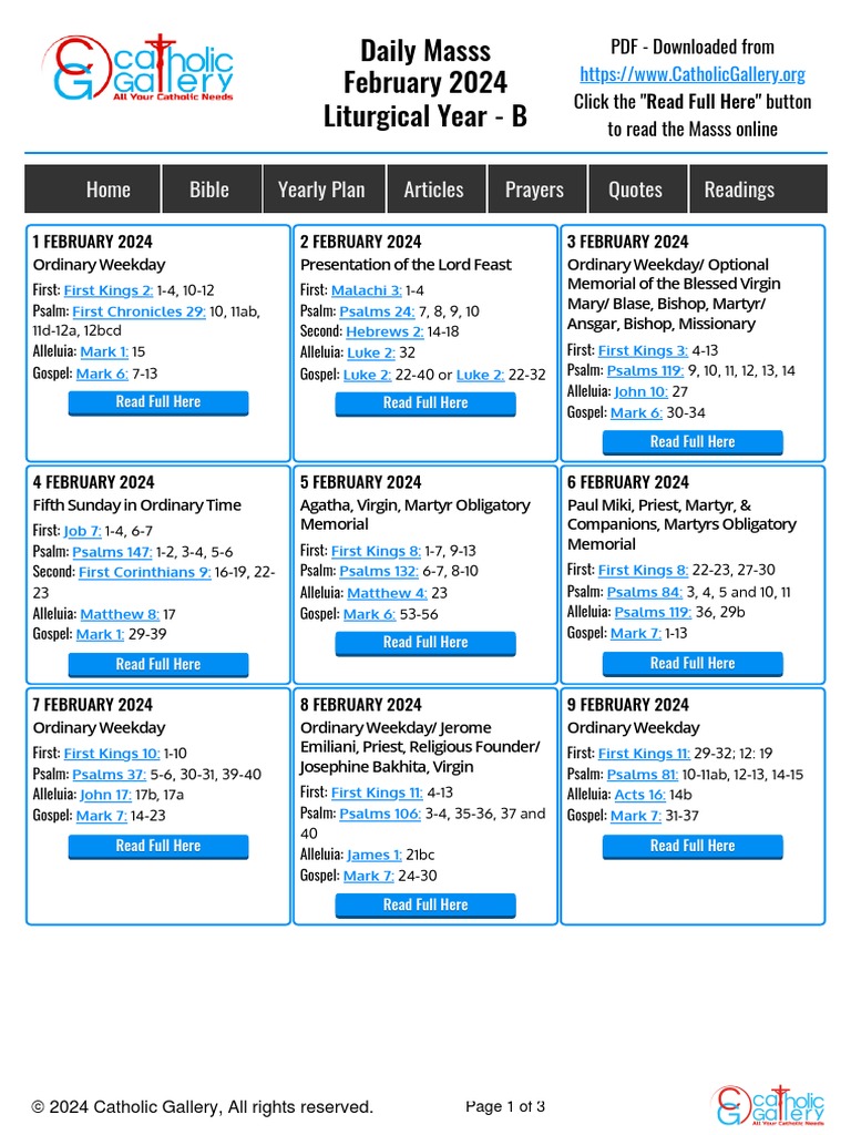 Mass Readings February 2024 PDF Download PDF Lent Christian