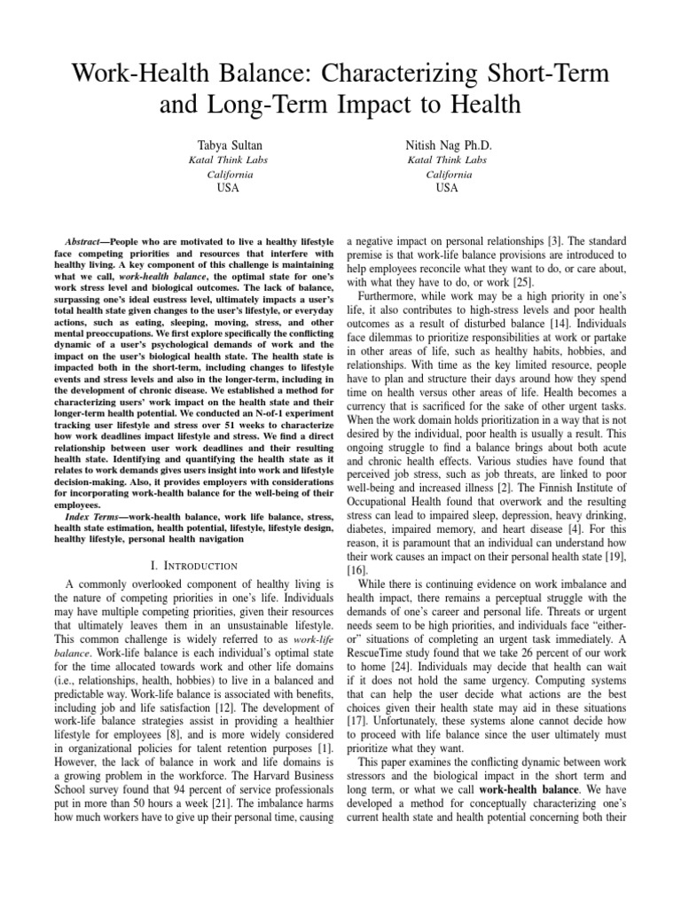 Work Health Balance Ieee Format PDF Stress (Biology) Occupational