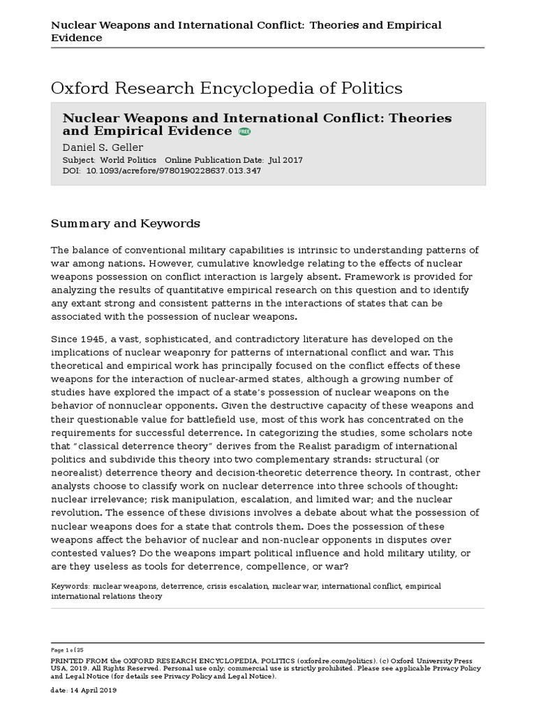Nuclear Weapons and International Conflict - Theories and Empirical Evidence | PDF | Deterrence ...