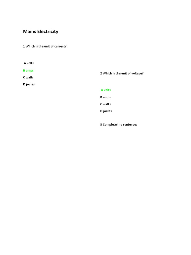 Igcse Physics Mcq 6 Mains Electricity Pdf Mains Electricity