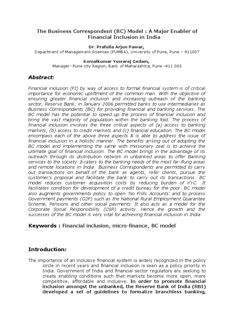 BC Model 2 | PDF | Financial Inclusion | Reserve Bank Of India