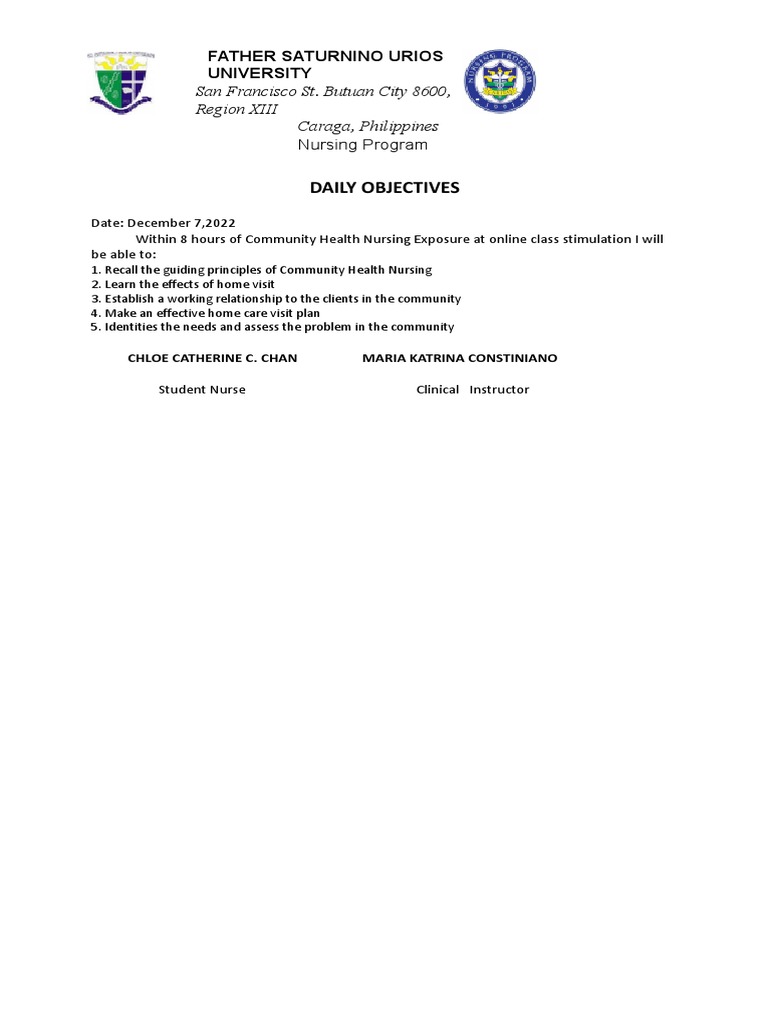 Daily Objectives for Community Health Nursing | PDF | Wellness