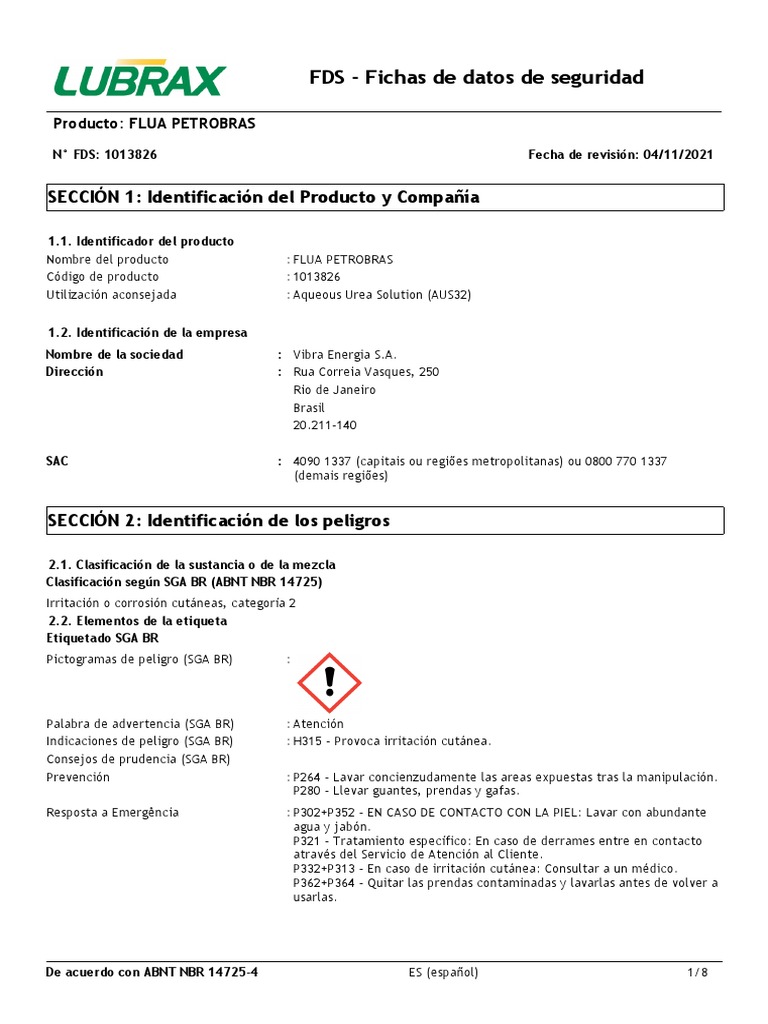 Ficha de Seguridad: FLUA PETROBRAS | PDF | Agua | Primeros auxilios