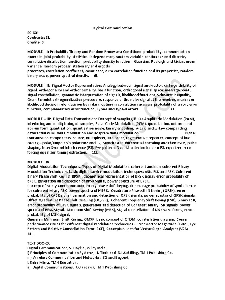 Digital Communication EC-601 Syllabus | PDF | Modulation ...