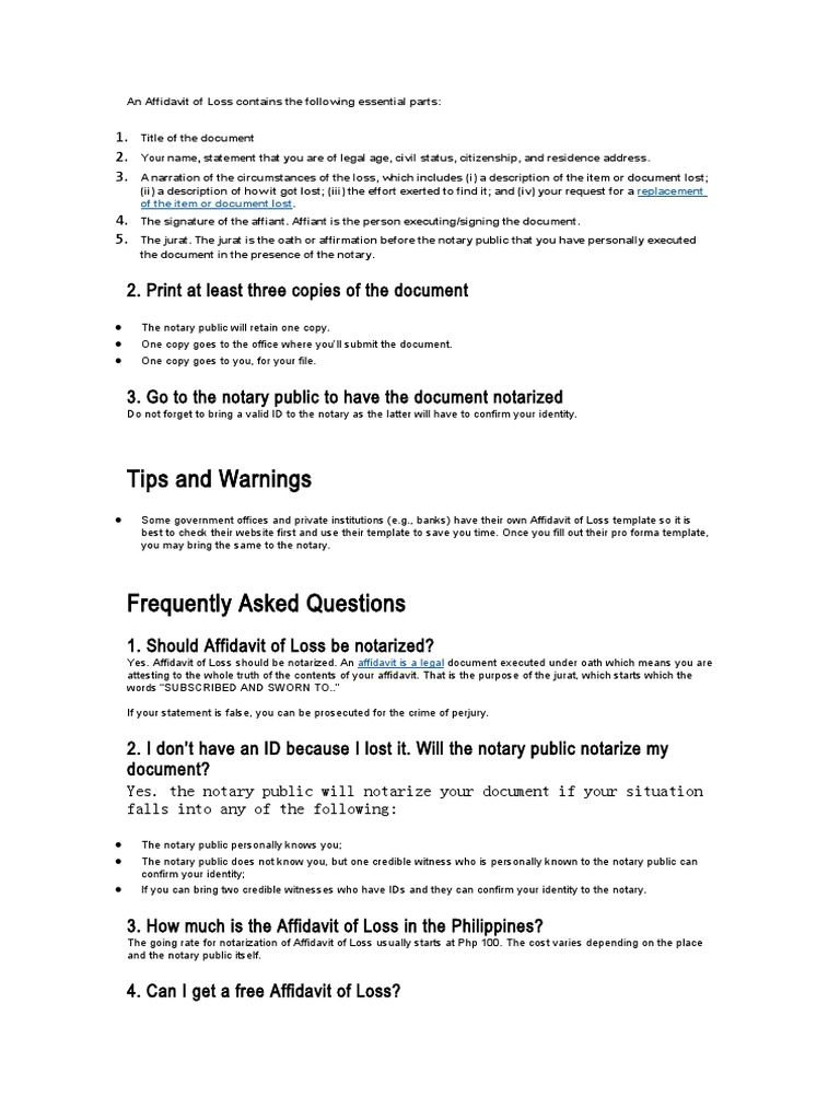 Sample Affidavit of Loss PDF Notary Public Affidavit