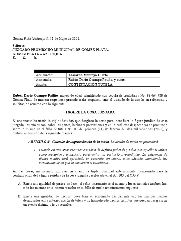 Contestación de Tutela de Rubén Patiño | PDF | Res Judicata | Juez