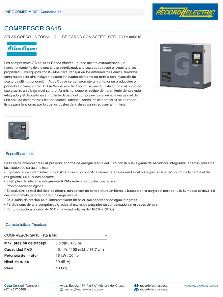 Compresor GA15 de Atlas Copco: Especificaciones | PDF | Humedad | Presión