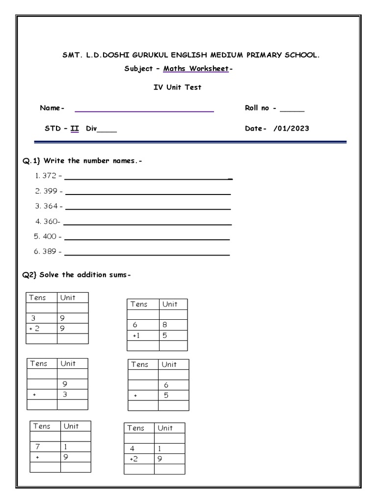 Maths Worksheet for Std II Unit Test | PDF | Currency