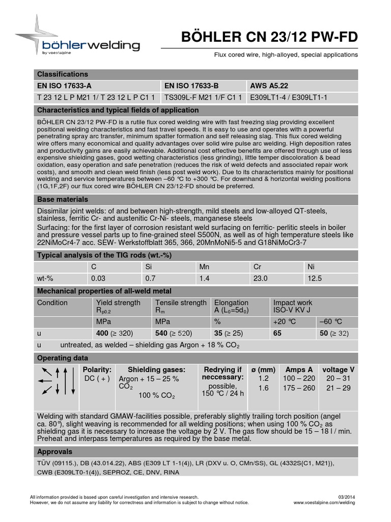 BÖHLER CN 23/12 PW-FD Flux Cored Wire | PDF | Welding | Construction