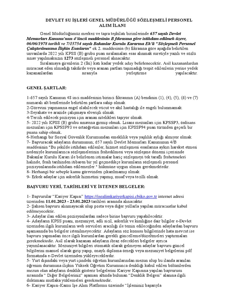 Devlet su isleri genel mudurlugu sozlesmeli personel alim ilani12012023