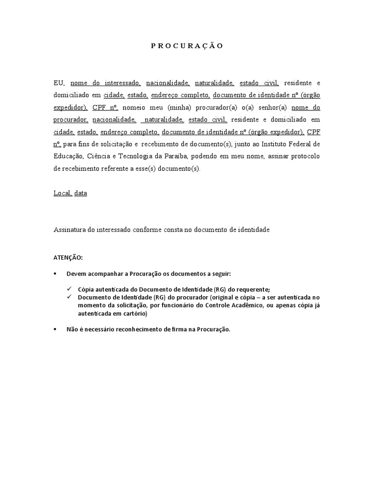 Modelo de ProcuraÃ Ã o para SolicitaÃ Ã O-Recebimento de Documento | PDF