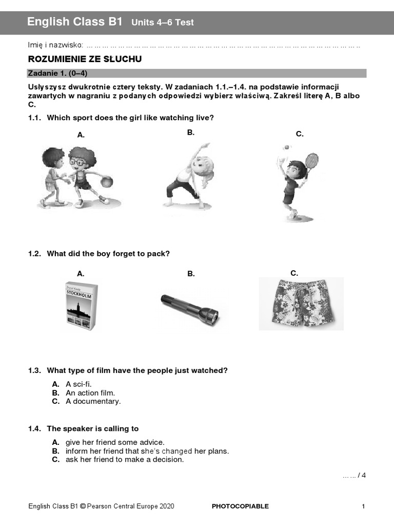 English Class B1 Unit 4 Test English Class B1 Units 4-6 Test | PDF