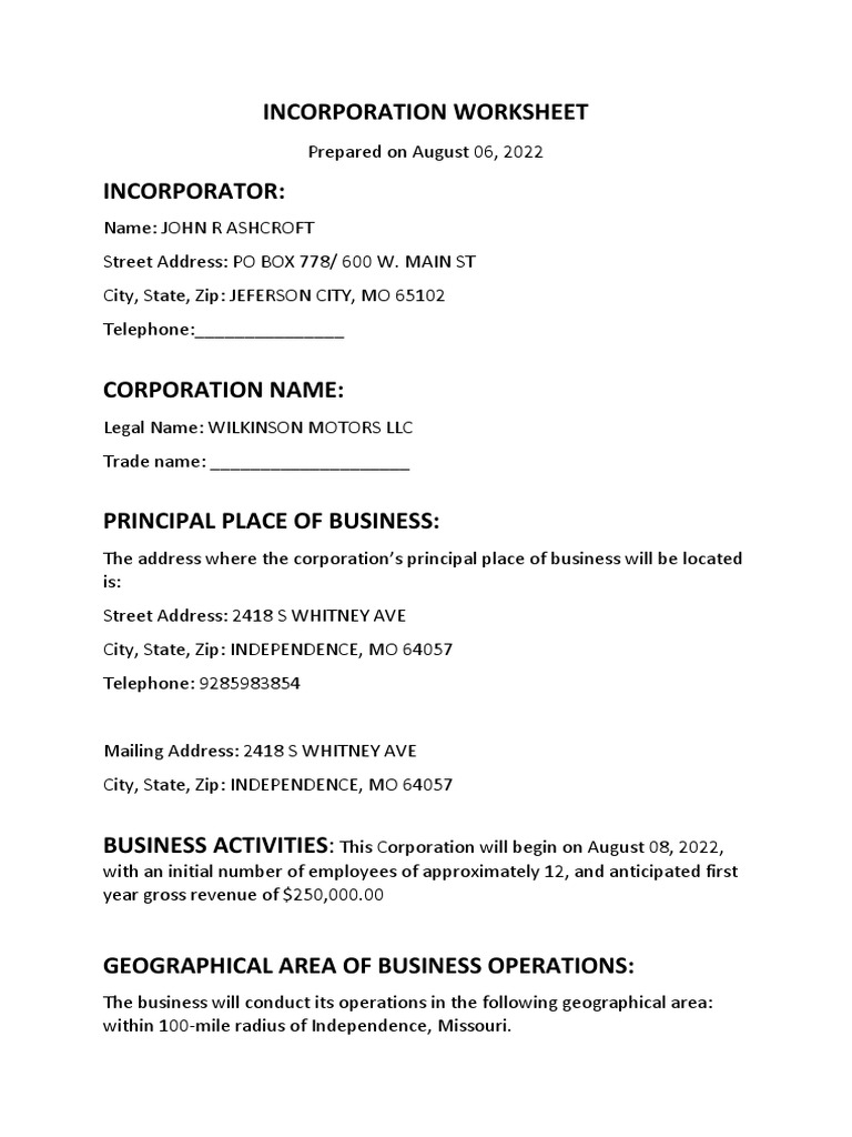 Wilkinson Motors LLC Incorporation Details | PDF | Corporations | Stocks