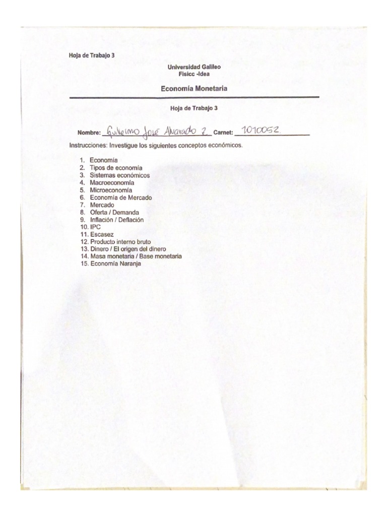 Hoja de Trabajo 3 Economia Monetaria | PDF