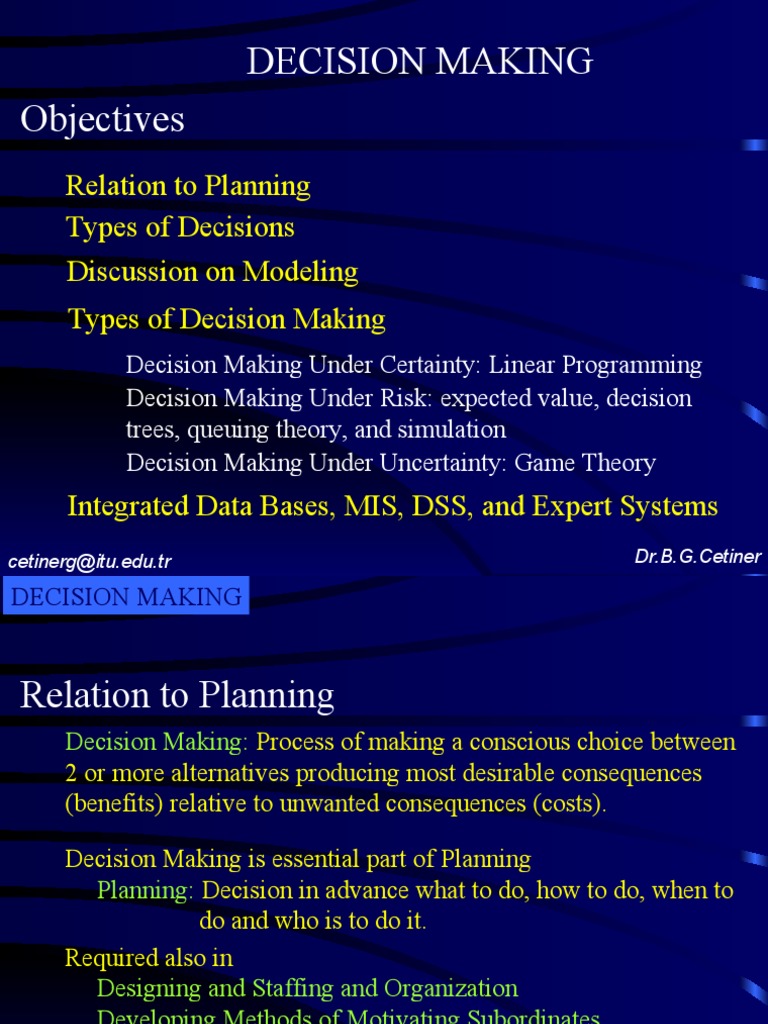 Decision Making Objectives: Relation To Planning Types of Decisions ...