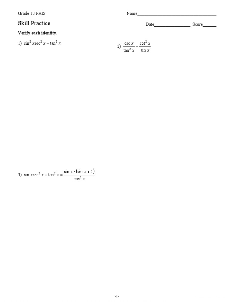 Trigonometric Identities Worksheet | PDF | Trigonometry