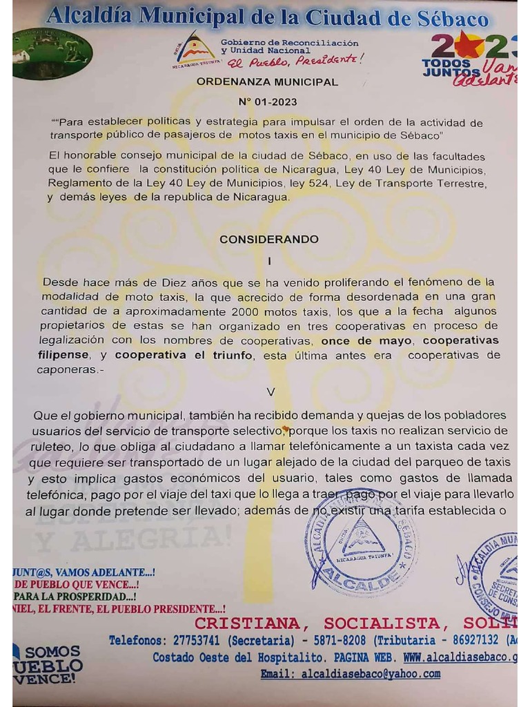 Ordenanza Municipal de Transporte No.01-2023 Alcaldia de Sebaco | PDF