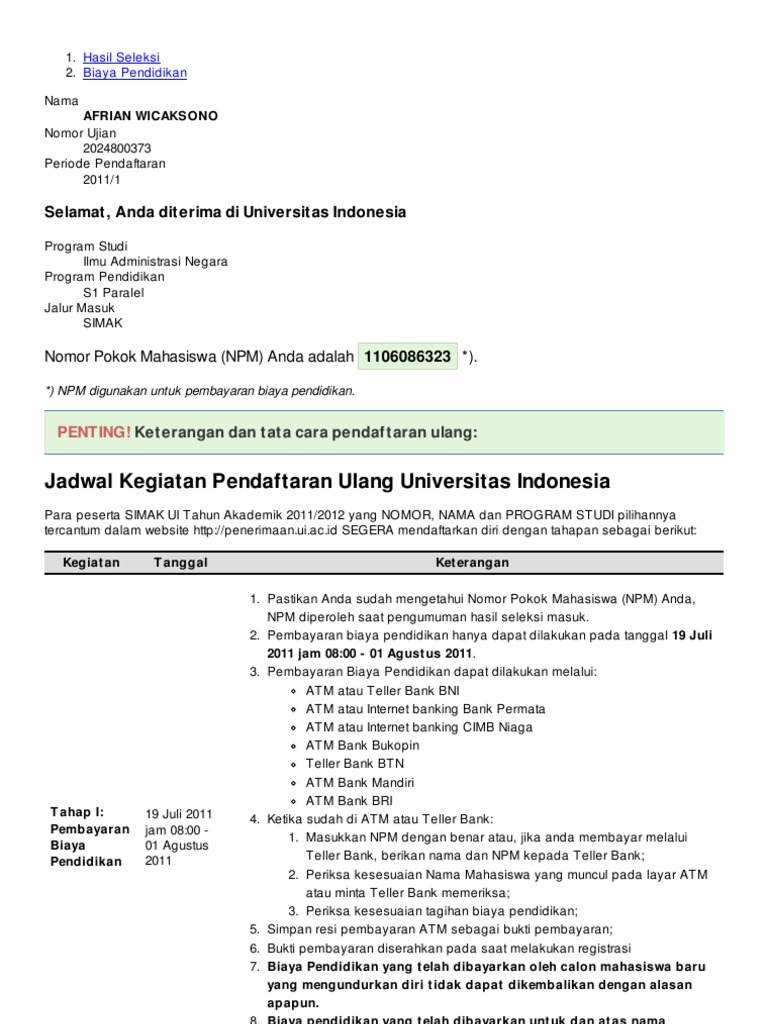 Hasil Simak UI 2011 | PDF