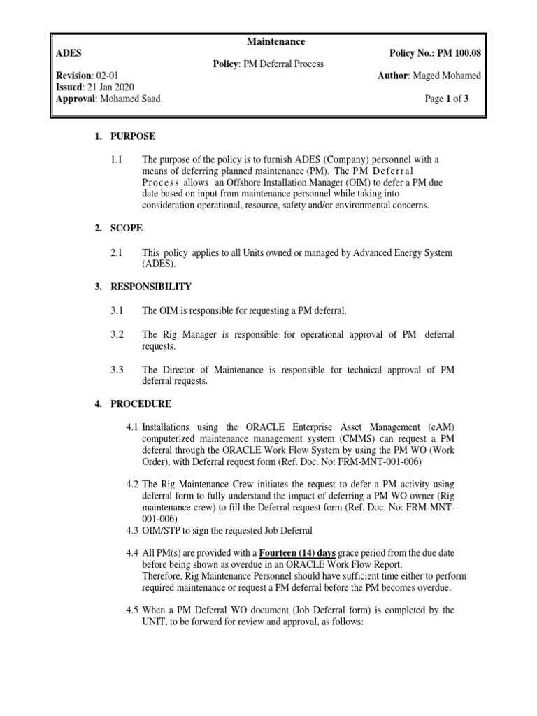 PM Deferral Process Policy Overview | PDF