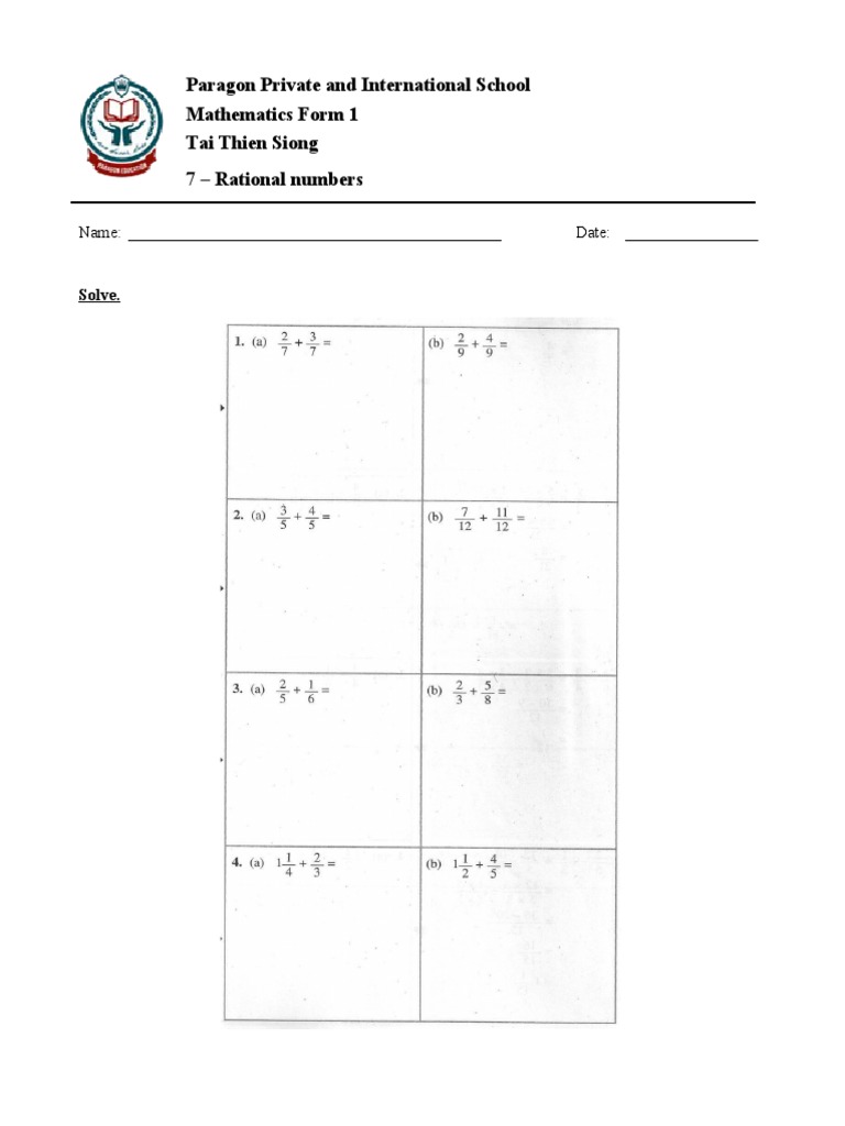Paragon Private and International School Mathematics Form 1 Tai Thien