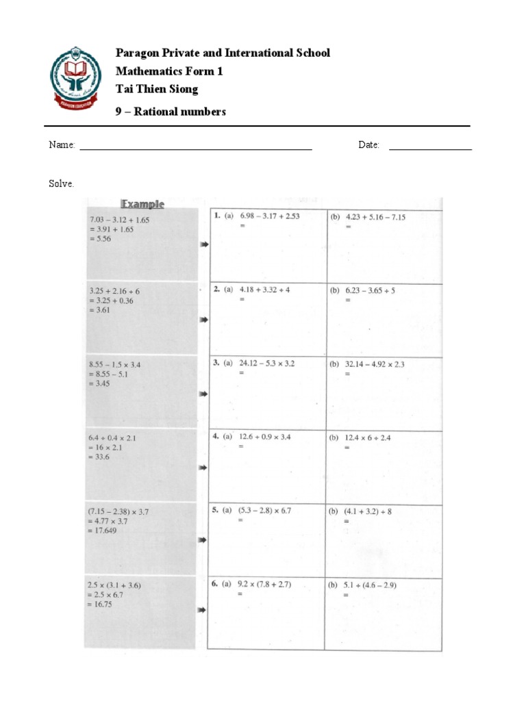 Paragon Private and International School Mathematics Form 1 Tai Thien
