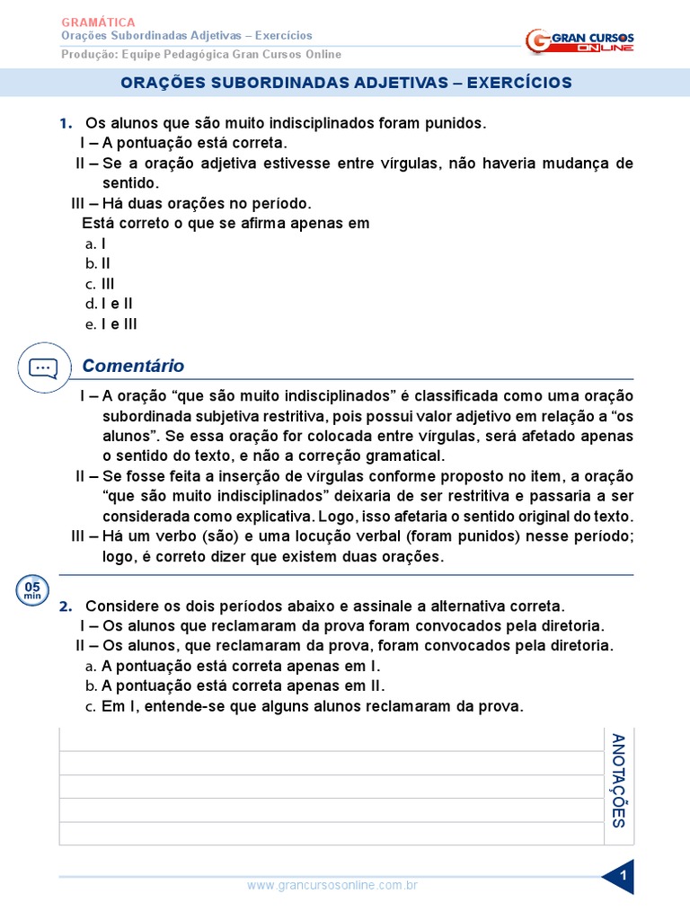 Gramatica 2018 Exercicios Gerais Aula 37 Oracoes Subordinadas Adjetivas ...