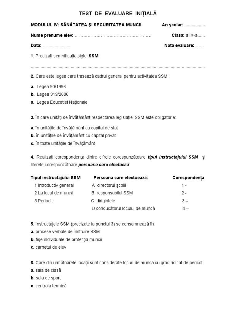 Evaluare Initiala SSM IX | PDF