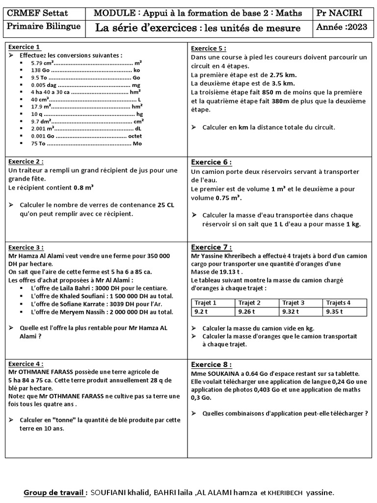 Exercices de maths sur les unités de mesure | PDF