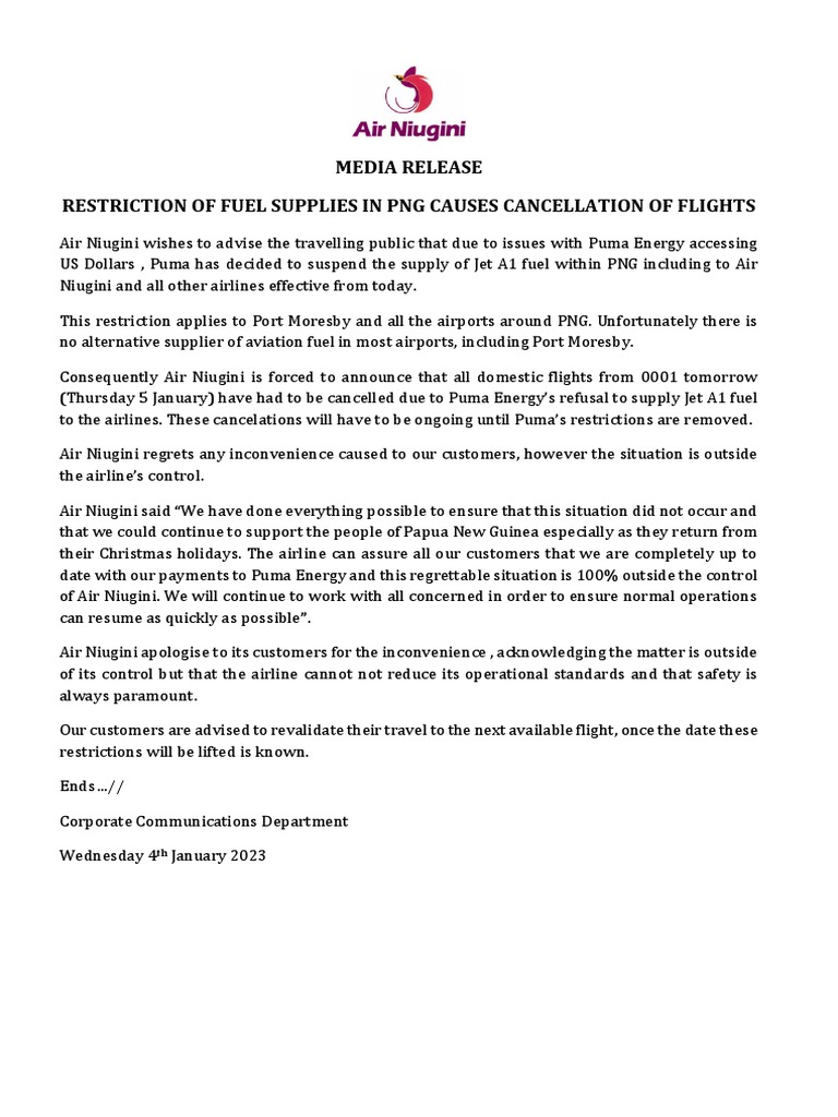 Media Release Restriction of Fuel Supplies 4 January 2023 PDF