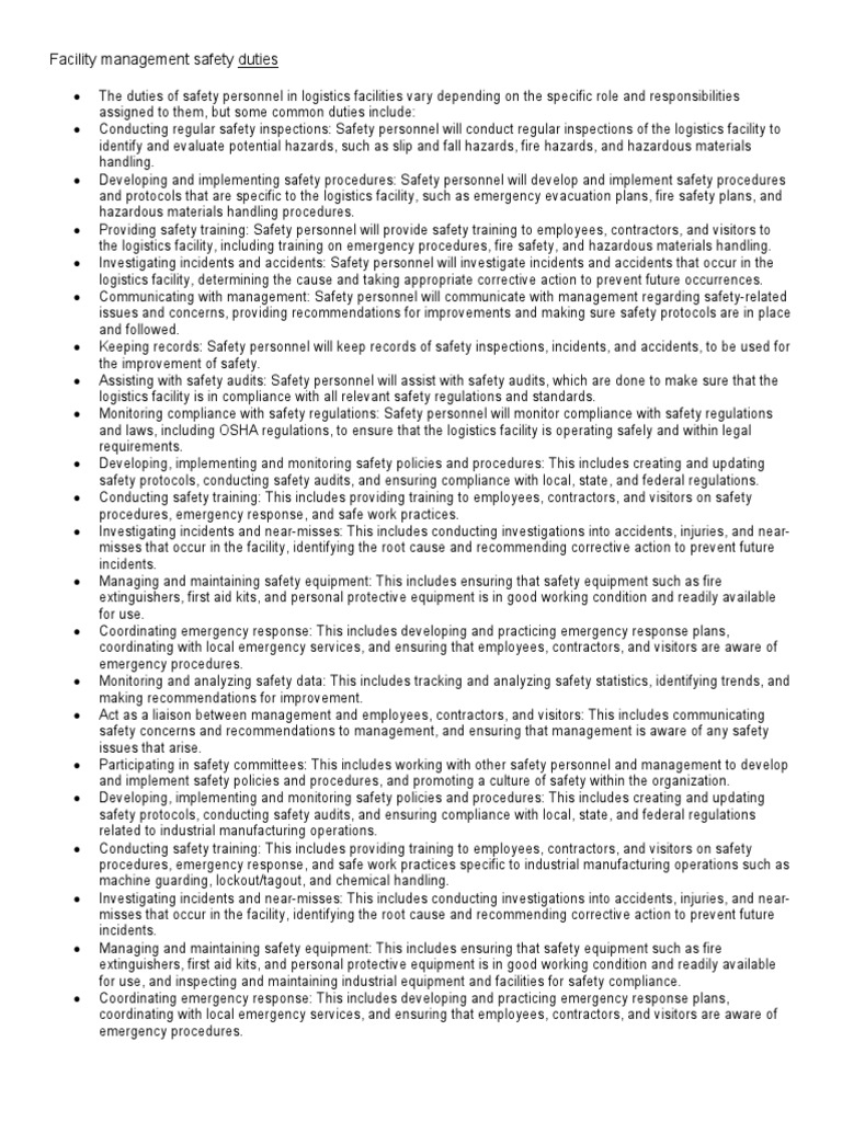 Facility Management Safety Duties PDF Occupational Safety And