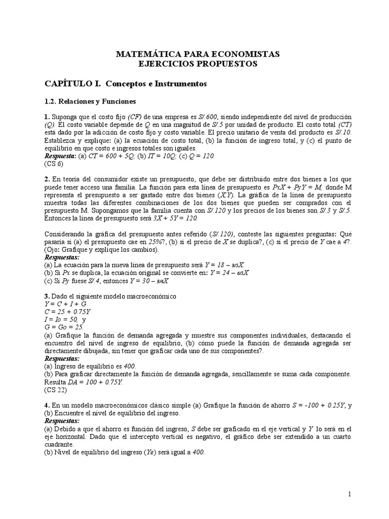 Ejercicios de Matemáticas para Economistas | PDF | Presupuesto | Costo