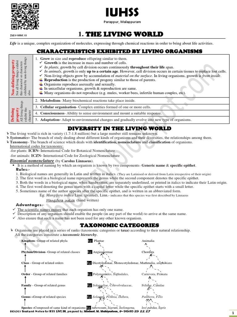 Kerala +1 Biology Chap 1 - The Living World - Notes | PDF ...