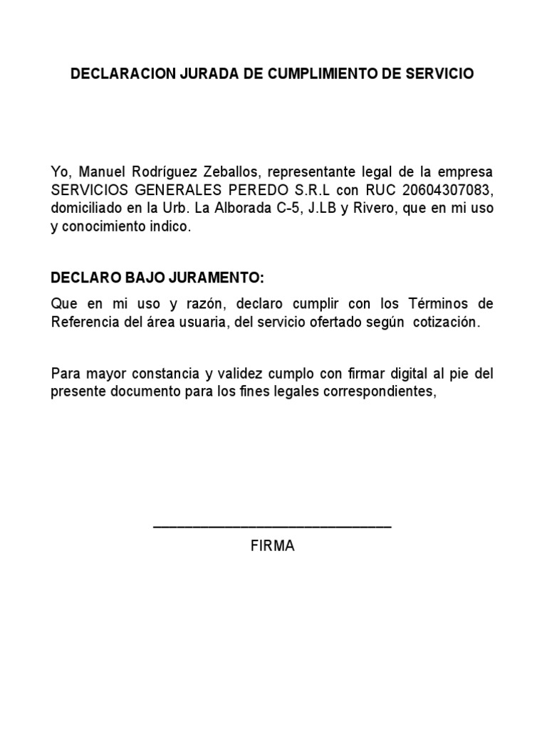 Declaracion Jurada de Cumplimiento de Servicio | PDF