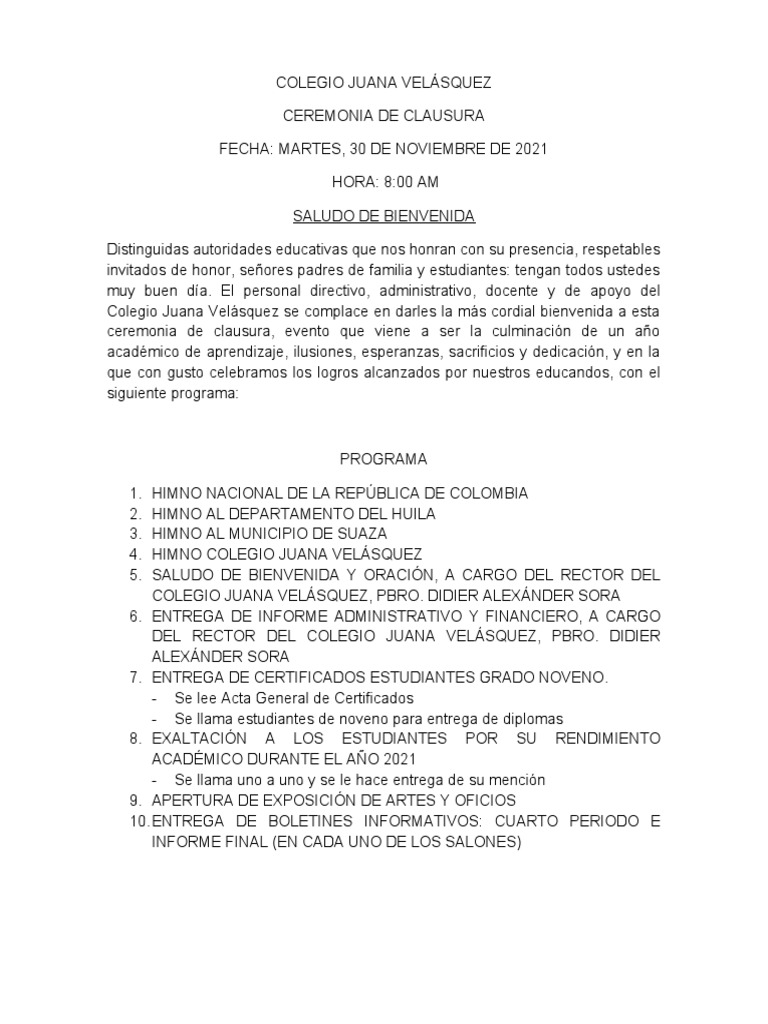 Programa de Clausura Secundaria 2021 | PDF