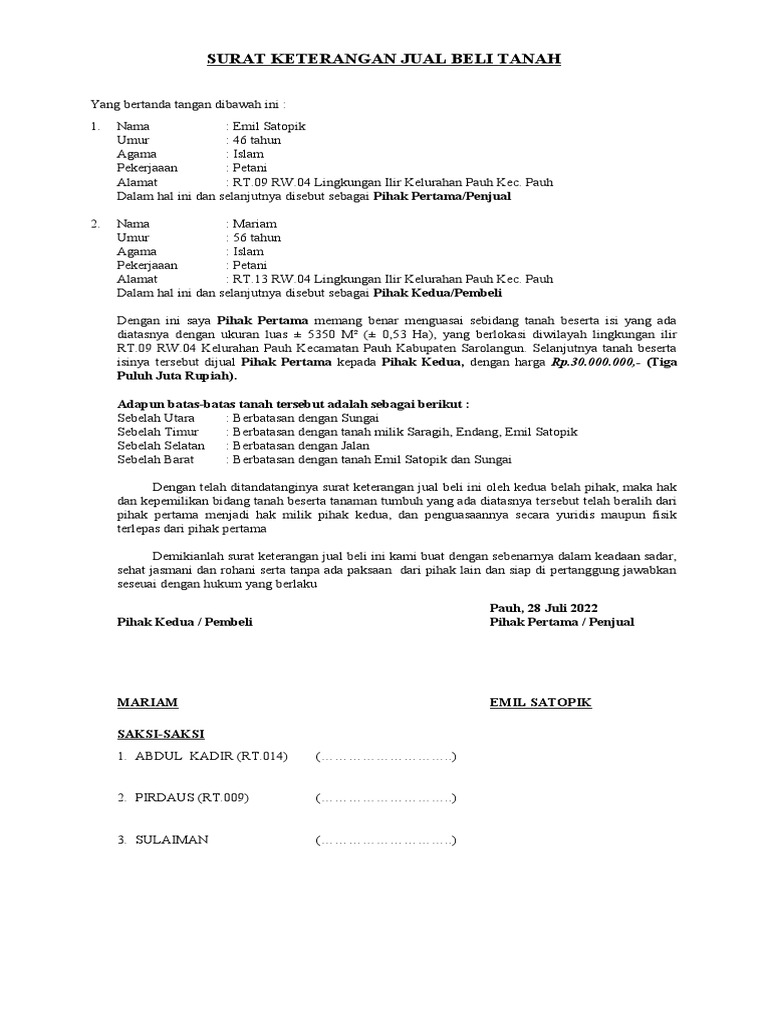 Surat Jual Beli Tanah Dokumen Hukum
