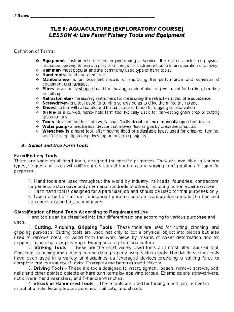 LESSON4 Use FarmFishery Tools and Equipment PDF Screw Hammer