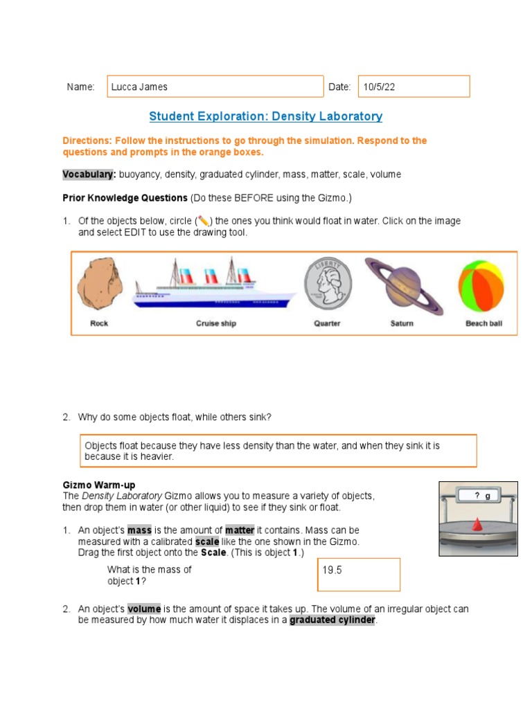 Lucca James Gizmo Density Lab PDF Buoyancy Density