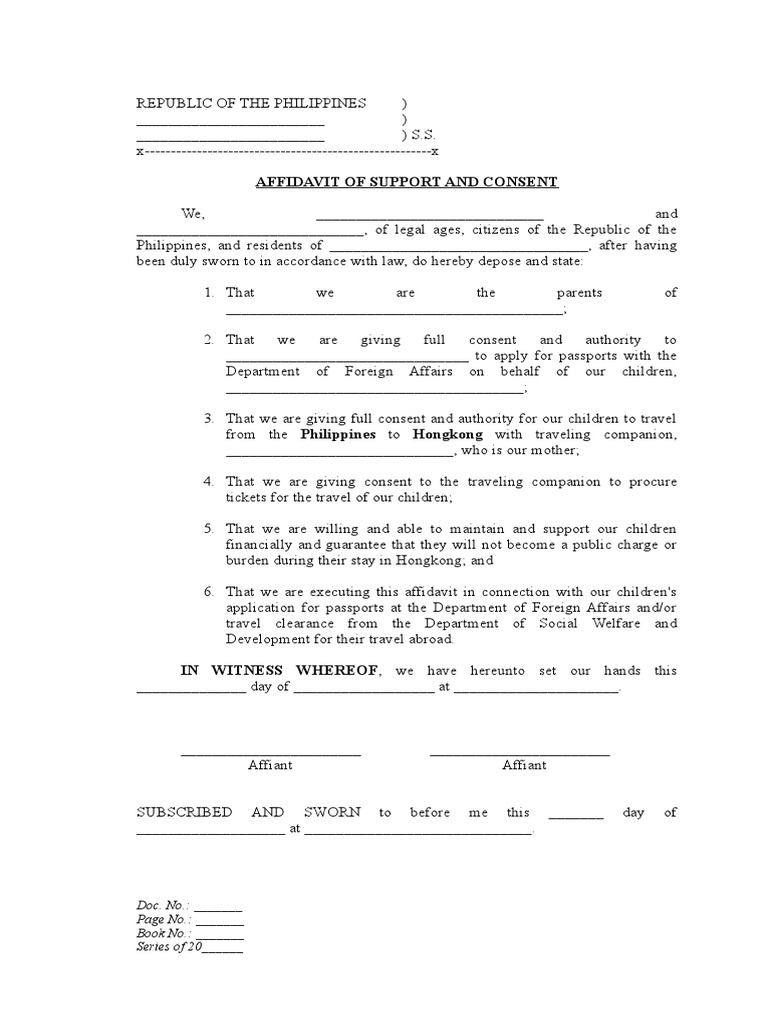 Affidavit of Support and Consent for Travel | PDF