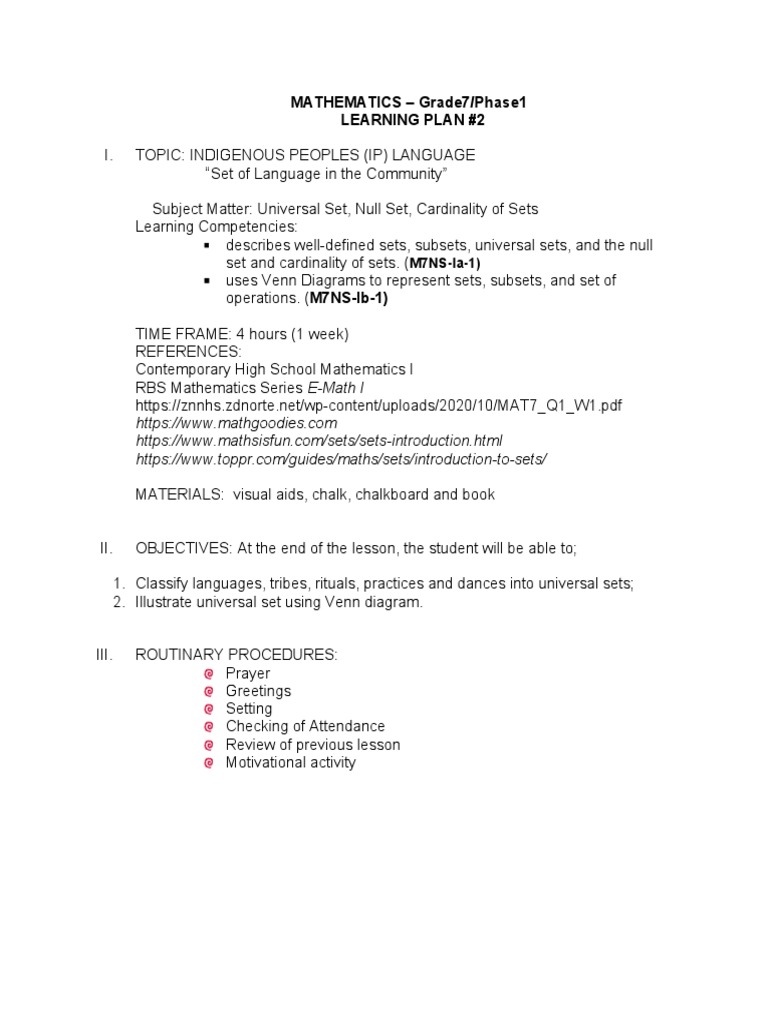 LP MATH Gr7 Lesson2 Universal Set, Null Set, Cardinality of Set I
