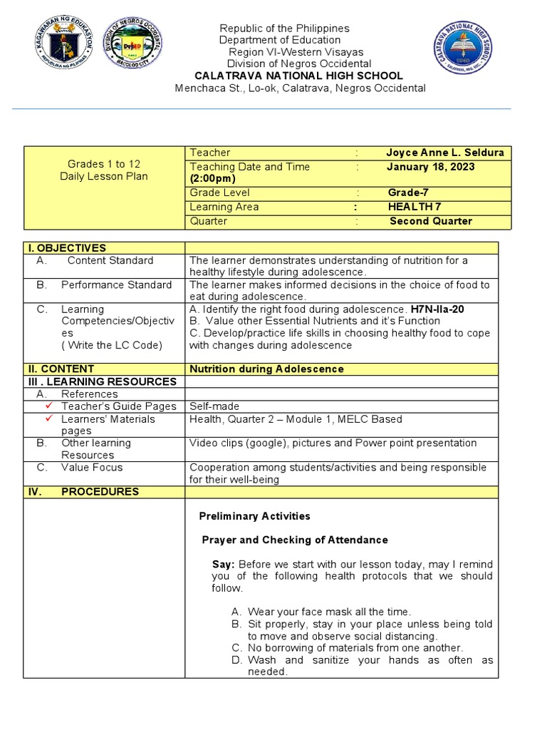 Food and Health Lesson Plan for Grade 7 | PDF | Foods | Meal