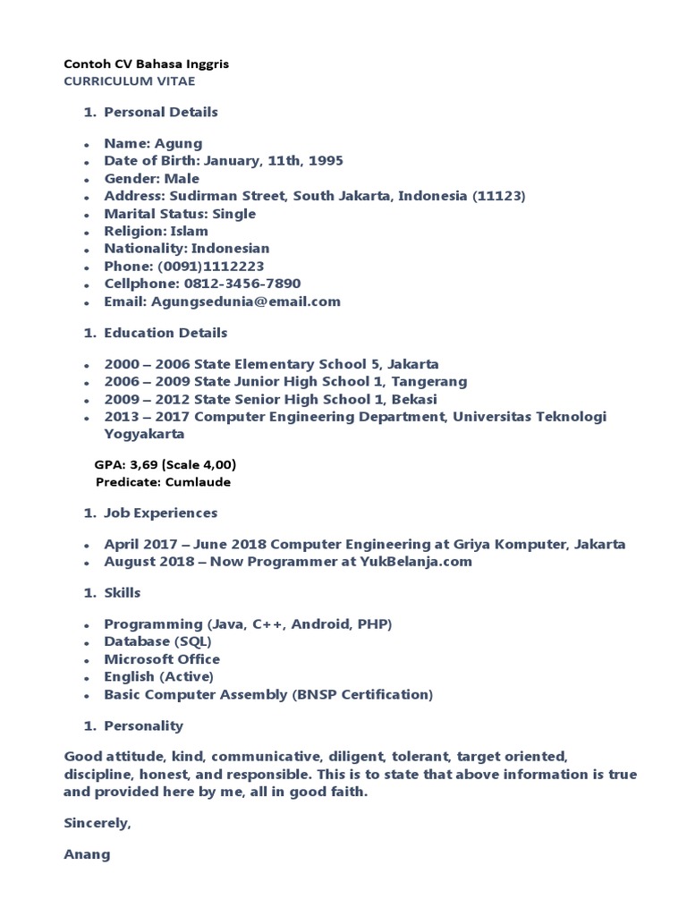 CV Bahasa Inggris | PDF