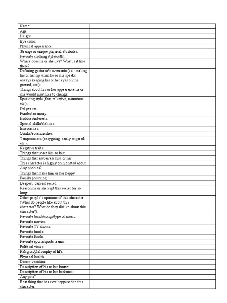 NaNoWriMo Character Checklist PDF