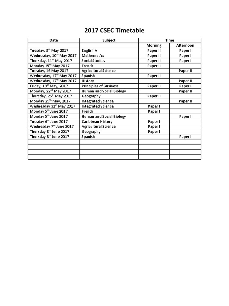 2017 Csec Timetable PDF