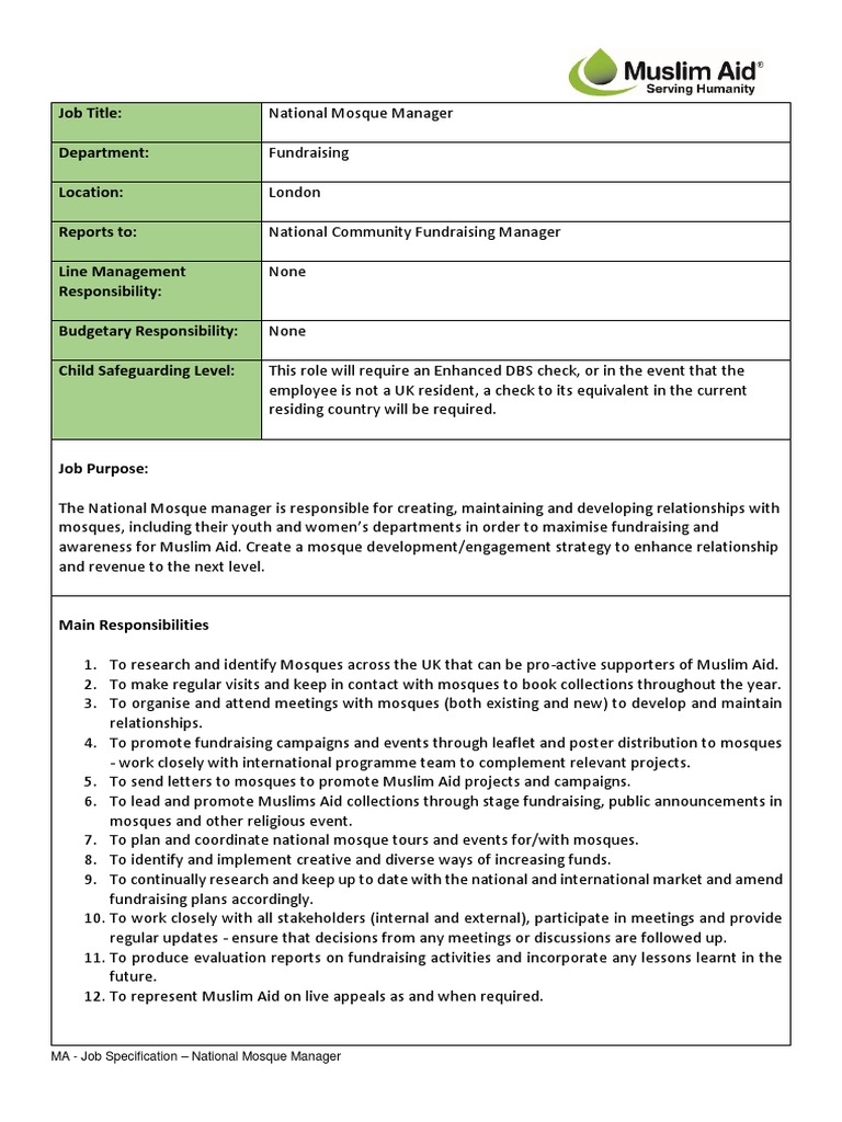 National Mosque Manager Job Overview | PDF | Fundraising | Experience