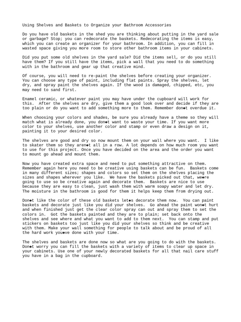 Using Shelves and Baskets To Organize Your Bathroom Accessories PDF